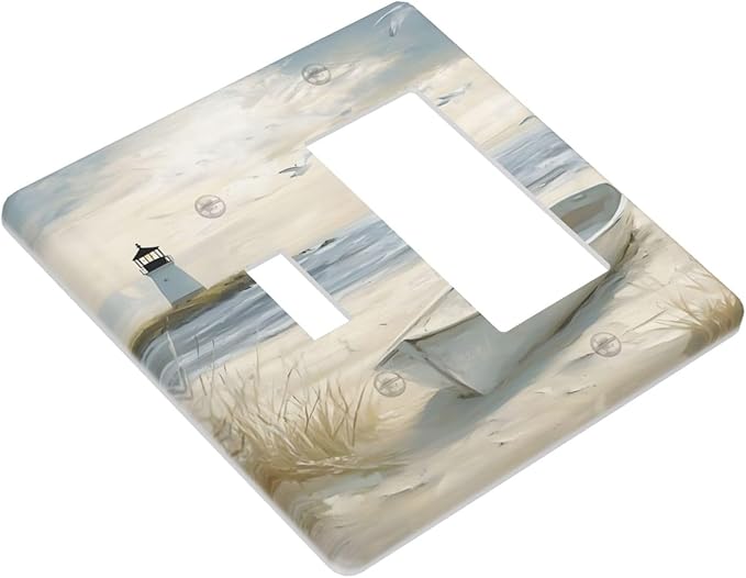 Decorative Outlet Covers Seascape Painting with Lighthouse Boats 2 Gang 1 Gang Wall Plate Single Toggle Rocker Light Switch Covers Switch Plate Cover for Bedroom Home Decor