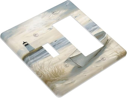 Decorative Outlet Covers Seascape Painting with Lighthouse Boats 2 Gang 1 Gang Wall Plate Single Toggle Rocker Light Switch Covers Switch Plate Cover for Bedroom Home Decor