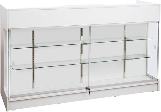 72" W x 22" D x 42" H - Ledgetop Checkout Counter with Glass Showcase View Front, White Wooden Cash Register Stand with Showcase,Retail Glass Display Cabinet Counter