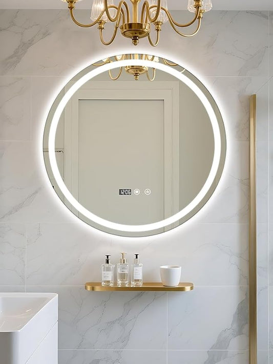 24" Round LED Bathroom Mirror with Anti-Fog & Touch Switch - 60x60cm Wall-Mounted Makeup Vanity Mirror, No Drilling Required, Smart Display Bathroom Mirror