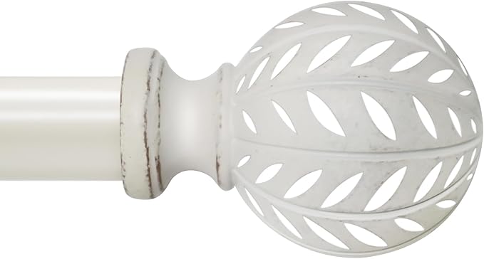 Weathered White Curtain Rod for Windows 48 to 84 Inches(4-7 ft)，1'' Diameter Heavy Duty Adjustable Curtain Rod with Leaf Pattern Finials - for Living Room, Bedroom,etc 36-88''