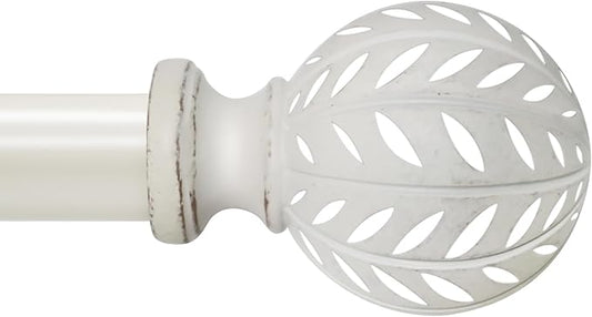 Weathered White Curtain Rod for Windows 48 to 84 Inches(4-7 ft)，1'' Diameter Heavy Duty Adjustable Curtain Rod with Leaf Pattern Finials - for Living Room, Bedroom,etc 36-88''