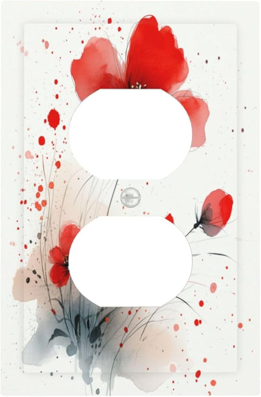 Vintage Watercolor Red Flowers Floral Outlet Covers 1 Gang Duplex Light Switch Cover Wall Plate Decorative Switch Plates Electrical Receptacle Faceplate for Bedroom Bathroom Decor