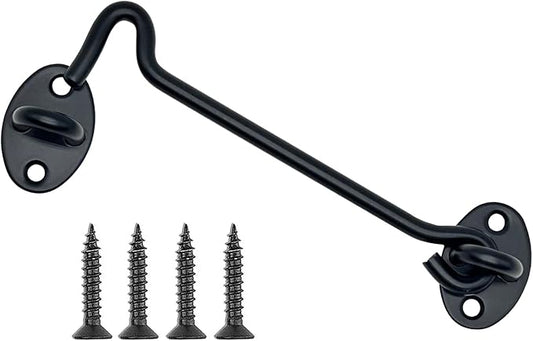 4 Pack 6" Hook and Eye Gate Latch, Stainless Steel Rust-Resistant Barn Door Lock Cabin Hooks for Gate Shutters Window Slide Barn Shed Cabinet Bathroom, with 16pcs Screw,Black