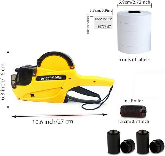 2-Line 20 Digits MX6602 Price Label Gun w/ 5 Rolls/2800 White Labels 3 Inkers,Price Labeler,Label Maker Machine,Pricing Tag Gun with String for Office, Retail Shop, Grocery Store(MX6602)