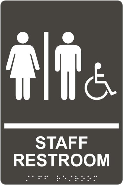 ComplianceSigns.com Staff Restroom Sign with ADA-Compliant Braille and Raised Letters, 9x6 in. Charcoal Gray Acrylic with Adhesive Mounting Strips