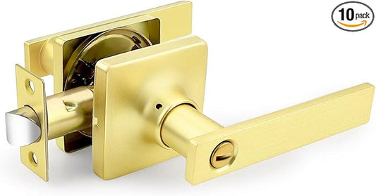 GOBEKOR 10 Pack Gold Door Handles Interior,Heavy Duty Privacy Door Levers with Lock,Sleek Round Interior Door Handles for Bedroom and Bathroom with No Key