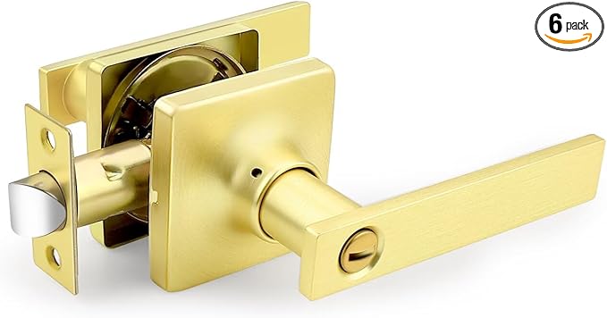 GOBEKOR 6 Pack Gold Door Handles Interior,Heavy Duty Privacy Door Levers with Lock,Sleek Round Interior Door Handles for Bedroom and Bathroom with No Key