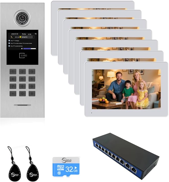 Video Intercom System 5/6/7/8 Unit Wired 7 Inch IP Video Intercom Phone for Apartment Building Security Home Access Control System with Digital Keypad and IC Card (for 7 Family)