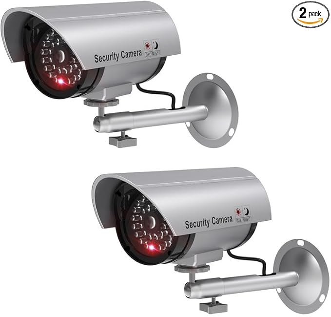 WALI Dummy Fake Camera, Surveillance Security CCTV Dome Camera, Indoor Outdoor Cameras, with One LED Light, Security Alert Sticker Decals (TC-S2), 2 Packs, Silver