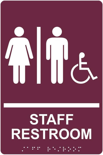 ComplianceSigns.com Staff Restroom Sign with ADA-Compliant Braille and Raised Letters, 9x6 in. Burgundy Acrylic with Adhesive Mounting Strips