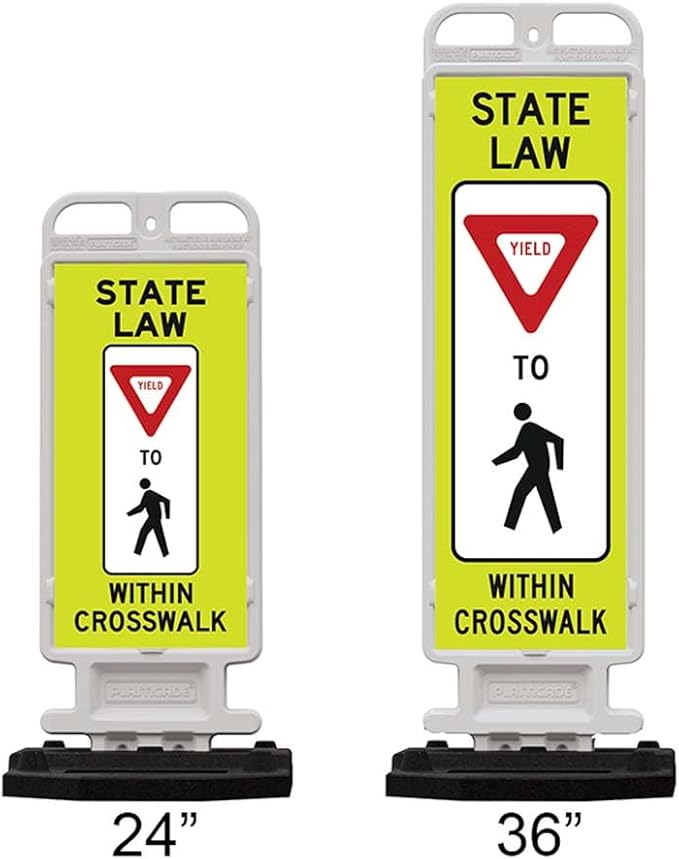 Plasticade Crosscade Crosswalk Sign, 24" Vertical Panel with 12x24 State Law Yield To Pedestrians Sign, Impact-Resistant Rubber Base, Diamond Grade Reflective Background and HIP Sheeting