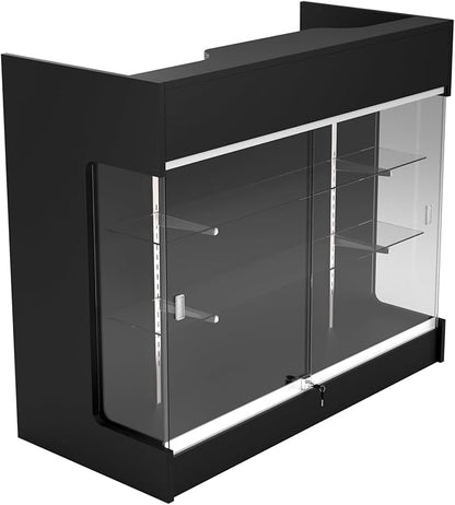 48" W x 22" D x 42" H - Retail Sales Counter with Adjustable Glass Shelves, Tempered Glass, Black Laminated Particle Board, Locking Drawers