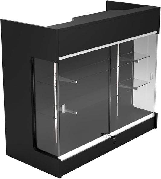 48" W x 22" D x 42" H - Retail Sales Counter with Adjustable Glass Shelves, Tempered Glass, Black Laminated Particle Board, Locking Drawers