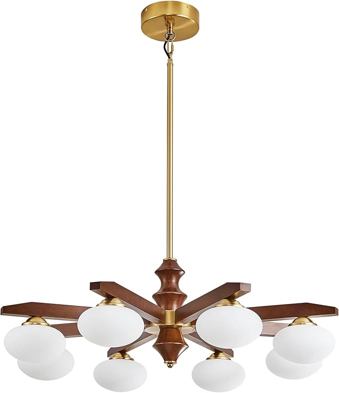 8-Light Chandelier, Mid Century Gold Chandelier with Milk Glass Shades, Wood Dining Room Light Fixture
