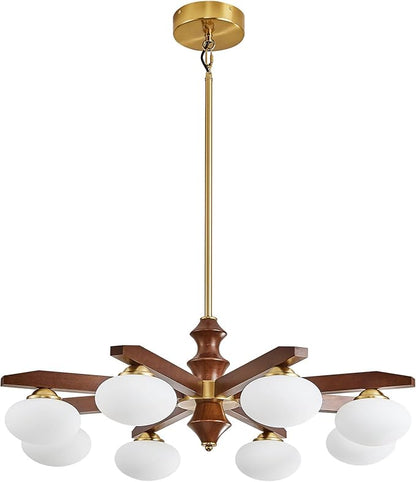 8-Light Chandelier, Mid Century Gold Chandelier with Milk Glass Shades, Wood Dining Room Light Fixture