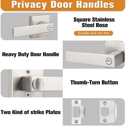 Probrico Interior Brushed Nickel Door Handle, Heavy Duty, Flat Square Privacy Door Handles, Keyless Door Levers Lockset for Bedroom and Bathroom (2 Pack, Modern)