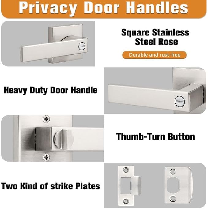 Probrico Interior Brushed Nickel Door Handle, Heavy Duty, Flat Square Privacy Door Handles, Keyless Door Levers Lockset for Bedroom and Bathroom (1 Pack, Modern)