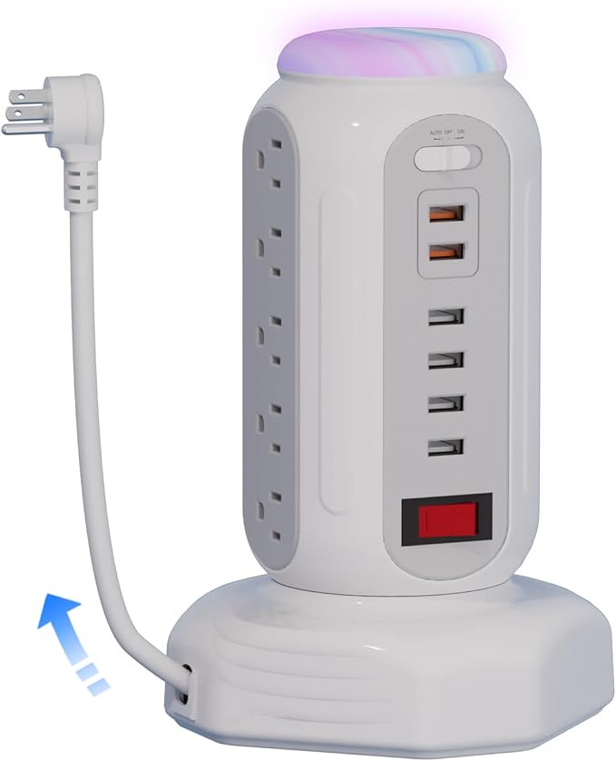 Power Strip Surge Protector Tower, 15 AC Outlets and 6 USB Ports with LED Light, Retractable Heavy Duty Extension Cord with Multiple Outlets, USB Charging Station with Right Flat Plug (White)
