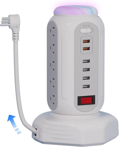 Power Strip Surge Protector Tower, 15 AC Outlets and 6 USB Ports with LED Light, Retractable Heavy Duty Extension Cord with Multiple Outlets, USB Charging Station with Right Flat Plug (White)