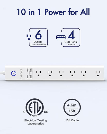 15 Ft Power Strip Surge Protector, 6 Outlets and 4 USB Ports, Flat Plug Power Strips Long Extension Cord with Overload Protection, Wall Mount for Home, Office, Dorm, ETL Listed