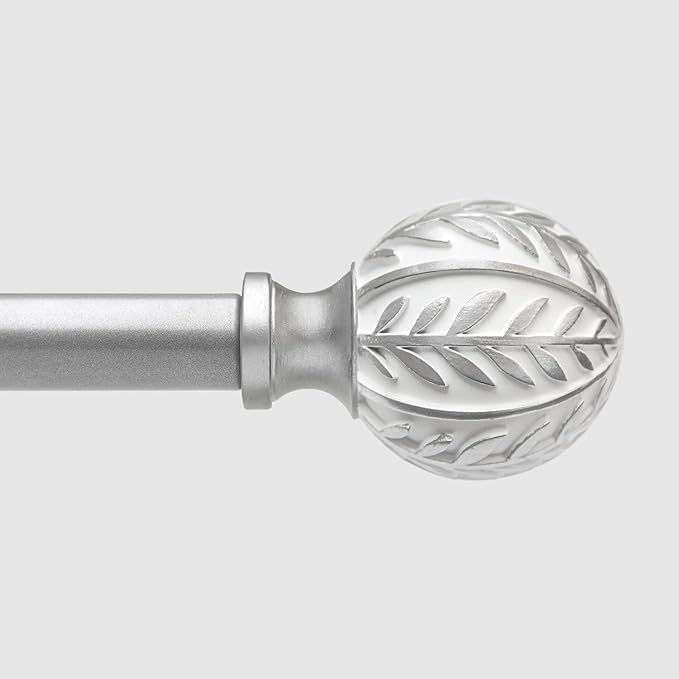 Silver Curtain Rods for Windows 66 to 120 inch,1" Adjustable Heavy Duty Window Curtain Rod Leaf Finials,Rustic Decorative Drapery Rods Set,Size:36-120''