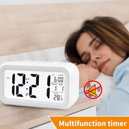 Digital Alarm Clock with LCD Display, Desk Smart Electronic Small Clock with Indoor Temperature, Date, Light Sensor, Backlight, Battery Operated, for Home Bedroom Kids Office (White)