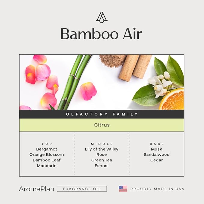 AromaPlan Hotel Scents Bamboo Air 5 Fl Oz (148ml) & Sample Set with Top 12 Fragrances -Home Luxury Aroma & Hotel Fragrance Diffuser Oil for Aromatherapy, USA Made