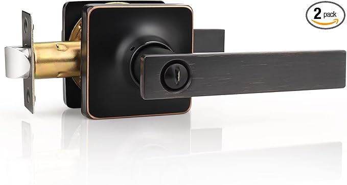 GOBEKOR 2 Pack Bronze Door Handles Interior with Lock Privacy Door Levers Oil Rubbed Bronze Lever Door Handle Interior Keyless Door Locks for Bedroom Bathroom Bronze Square Door Handles