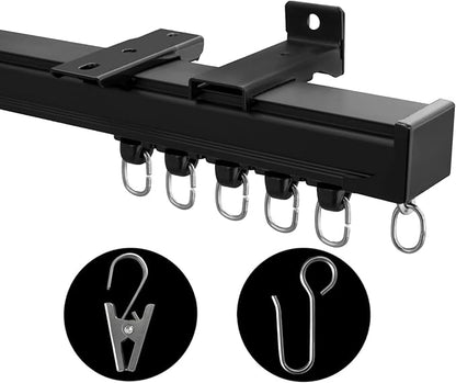 Ceiling Mount Curtains Track Room Divider Privacy Partition Separator Curtain Tracks Rods Heavy Duty RV Shower Outdoor Rail Clip Hook Set, Black 3-9ft