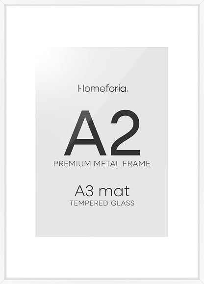 Homeforia A2 Picture Frame White, High End Metal 16.5 x 23.5 inch Poster Frames with Mat 11.7 x 16.5 for Photo, A2 Size Frames Matted to A3 Print, 16.5 by 23.4 Hanging Frames, Tempered Glass, Set of 1