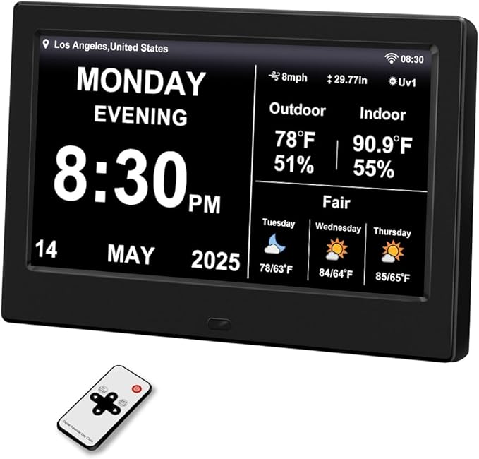 2025 Digital Clock with Weather Forecast & Temperature/Humidity Large Display, Auto Time Sync,Custom Alarms & Medication Reminders, Elderly Memory Loss (Black, 7-Inch)