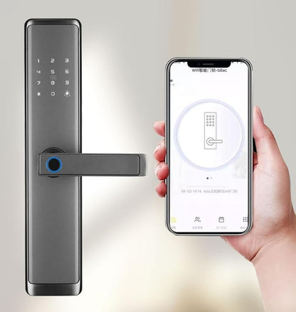 Fingerprint Door Lock with Handle - Tuya App Control & Mechanical Key Backup - 5-in-1 Keyless Entry Smart Lock - Fits 1.38-4.72inch Doors, Auto Lock & USB Emergency Power for Home, Office