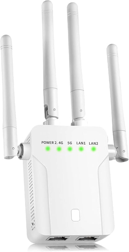 WiFi Extender Signal Booster,WiFi Extender, 5G WiFi Booster (Up to 10000sq. ft for 55+ Devices), WiFi Repeater with 4 Antennas 360° Coverage, WPS 1-Tap Setup with Dual Band 1200Mbps (White)