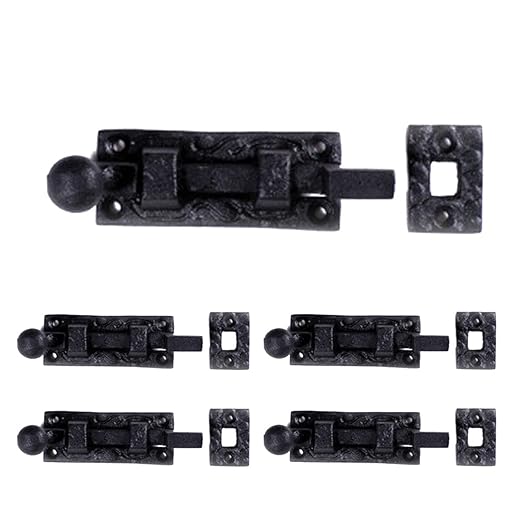 Renovators Supply Manufacturing Black Offset Slide Bolt Door Latch 4" Long Wrought Iron Metal Surface Sliding Bolts with Catch for Cabinet Doors Easy Install Lock with Mounting Hardware Pack of 4
