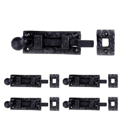 Renovators Supply Manufacturing Black Offset Slide Bolt Door Latch 4" Long Wrought Iron Metal Surface Sliding Bolts with Catch for Cabinet Doors Easy Install Lock with Mounting Hardware Pack of 4