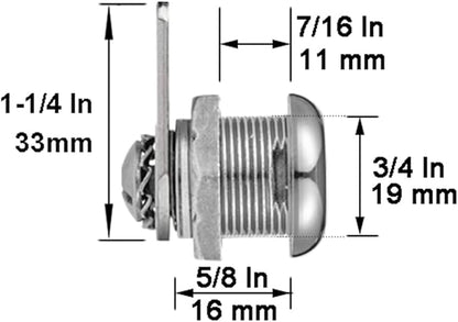 Cabinet Cam Locks Keyed Alike, 5/8” Cylinder Cam Locks for Tool Box RV Compartment Mailbox Vending Machine Drawer File Cabinet, Fits 3/8” Max Panel Thickness, Chrome Finish with 3 Cams and 2 Keys