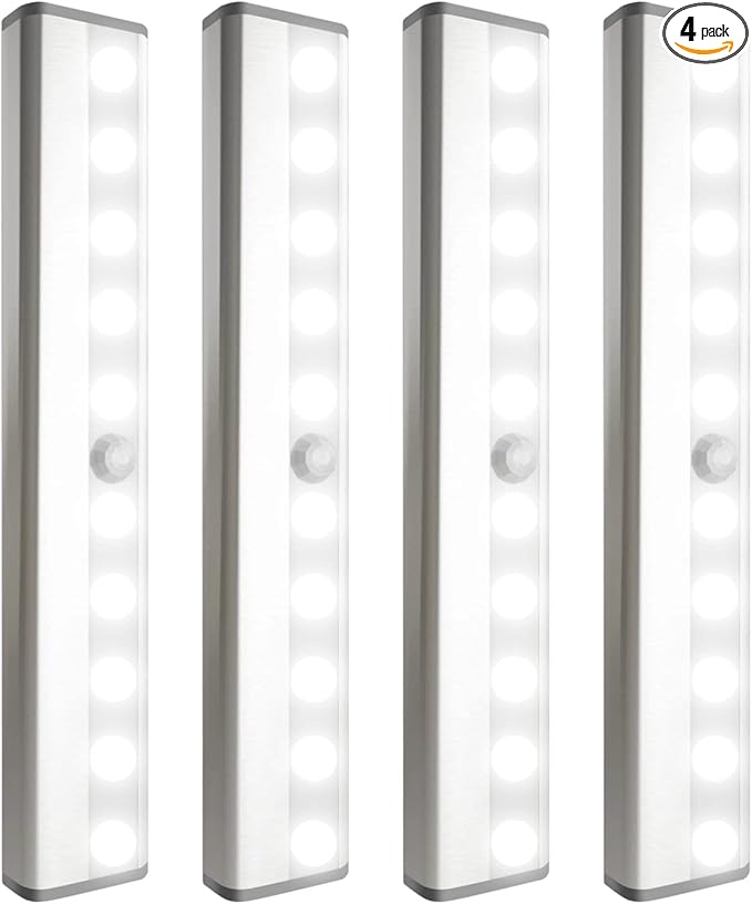 4 Pack LED Motion Sensor Lights, 10 LED Closet Battery Operated Lights, Stick-On Anywhere Magnetic Night Light Bar, Led Safe Light Indoor for Closet Stairs Wardrobe