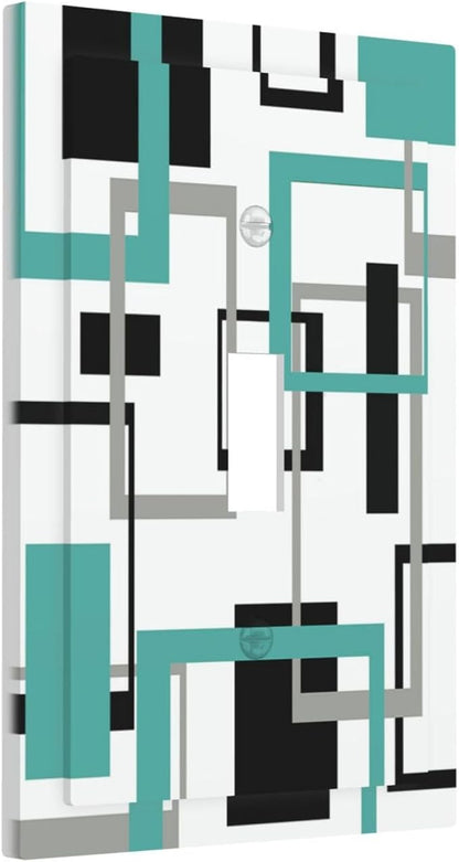 Geometric Turquoise Black Gray Modern Abstract Boho Decorative Light Switch Cover 1 Gang Single Toggle Device Electrical Faceplate Switchplates Decorator Outlet Wall Plate for Office Nursery Decor