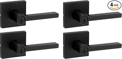 Kwikset Halifax Entry Door Handle with Lock and Key, Secure Keyed Reversible Lever Exterior, for Front Entrance and Bedrooms, Matte Black, 4 Pack, Pick Resistant SmartKey Rekey Security and Microban