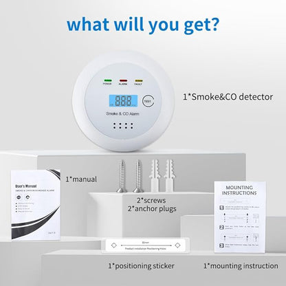 2 in1 Smoke Detector Carbon Monoxide Detector Combo,with LCD Digital Display and Sound Warning Test Button，Battery Powered，Easy Installation, for Home, Bedroom, Kitchen (1PACK)
