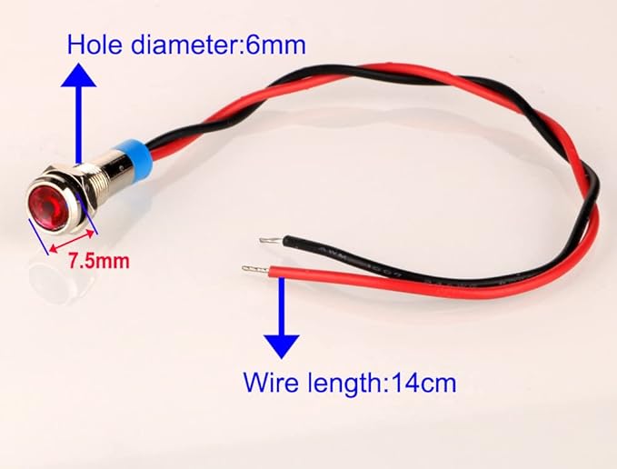 10pcs 6mm 1/4" LED Metal Indicator Light AC/DC 12-24V Waterproof Signal Lamp Pilot Dash Directional with Wire(Red)