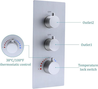 2 Function Shower Thermostatic Valve 3 Round Knob Valve Body Can Control Water Volume and Work at the Same Time Concealed Brass Bathroom Replacement Rough-In Valve(Brushed Nickel, 2-Way)