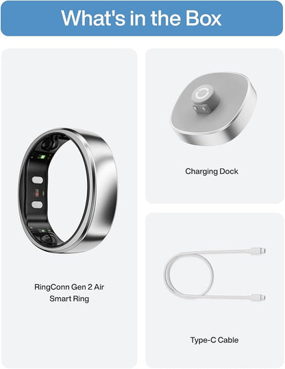 RingConn Gen 2 Air, Ultra-Thin AI Smart Ring, 10-Day Battery Life, Fitness/Sleep/Stress/HR Tracker for Women&Men, No App Fee for Standard Features, iOS & Android Compatible (Size 9, Galaxy Sliver)