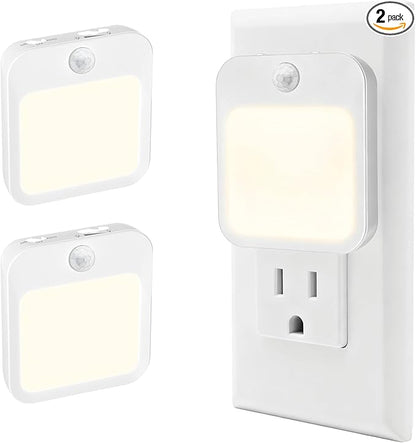 Plug-in Night Light with Motion Sensor, Dusk-to-Dawn Light Sensor, Stepless Dimming LED Night Lights for Bedroom, Hallway, Bathroom, Kids Room, Energy Efficient, 2-Pack