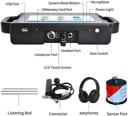 PQWT CL600 Water Leak Detectors for Home and Outside Wall Water Pipe Detector Acoustic Pipeline Leakage Detection Kit Professional Sensor Noise Reduce Headphone LSD Touchscreen Carry Case 6 Meters
