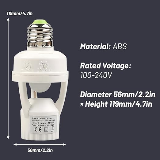 E27 Sensor Lights Socket, Motion Sensor Light Socket 10-300 Sec Delay, 6m Sensing Distance, IR Motion Activated Lamp Holder for Basement, Garage, Staircase (100-240V)