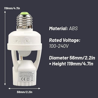 E27 Sensor Lights Socket, Motion Sensor Light Socket 10-300 Sec Delay, 6m Sensing Distance, IR Motion Activated Lamp Holder for Basement, Garage, Staircase (100-240V)