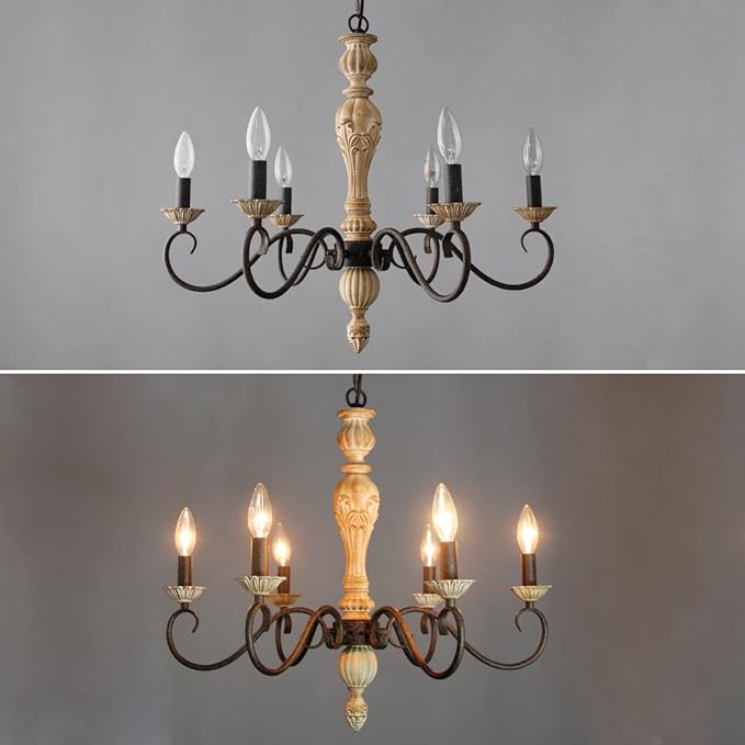French Country Chandelier-Farmhouse Chandeliers for Dining Room 6 Lights Fixture Rust Imitation Wood Finish for Living Room, Bedroom, Kitchen, Stairway, Bathroom (Dia 23.3”)