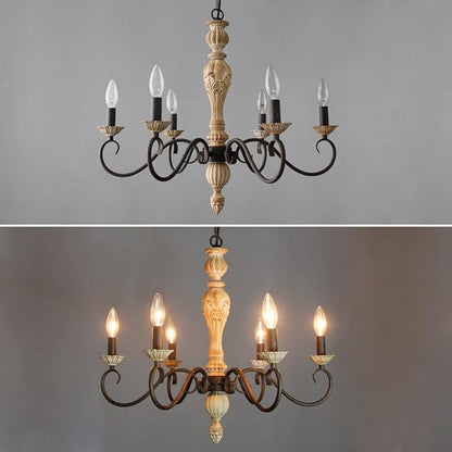 French Country Chandelier-Farmhouse Chandeliers for Dining Room 6 Lights Fixture Rust Imitation Wood Finish for Living Room, Bedroom, Kitchen, Stairway, Bathroom (Dia 23.3”)